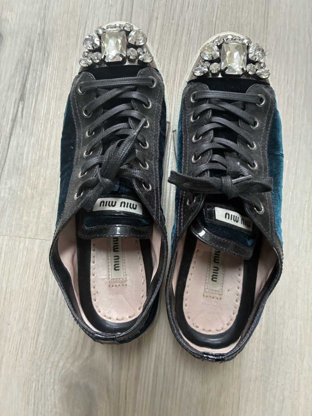 Miu Miu Teal Velvet Crystal-Toe Lace-Up Sneakers